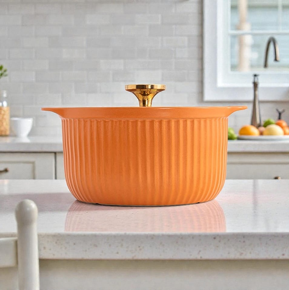 Olla de porcelana con tapa de vidrio 26cm diametro Naranja