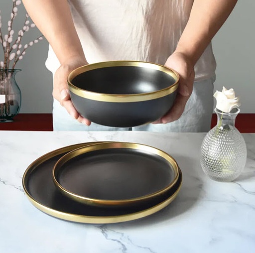 [DT2090] Juego de vajilla porcelana 18 piezas borde dorado Negro